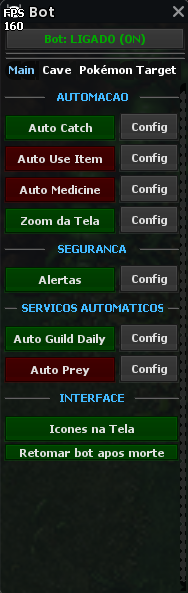 Painel principal do Night Bot com módulos de automação, segurança e serviços automáticos