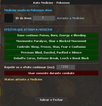 Configuração do Auto Medicine para Pokémon no Night Bot