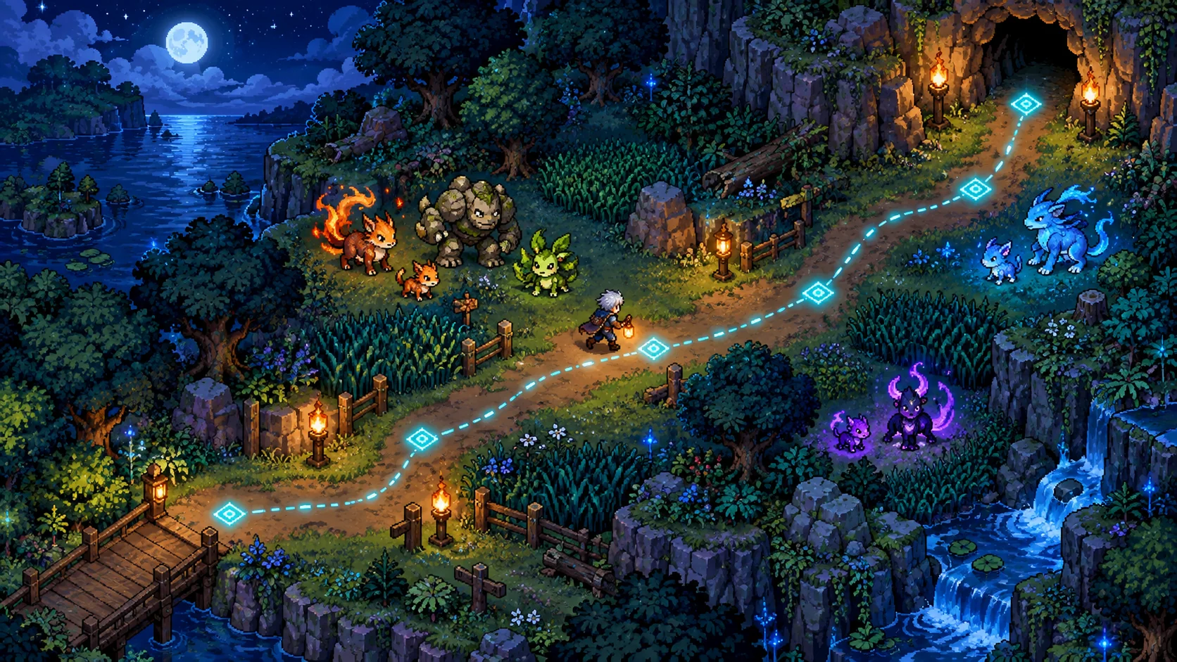Cena original em pixel art de uma hunt noturna seguindo uma rota automatizada